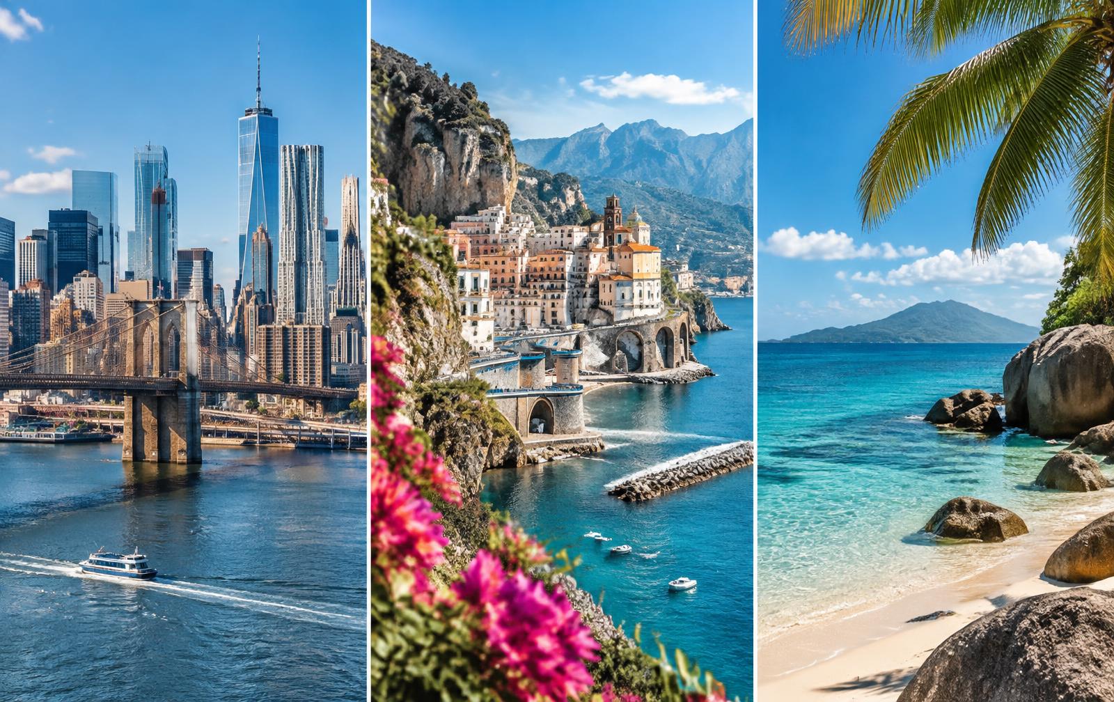 New York, Mediterranean coast, and tropical beach travel inspiration